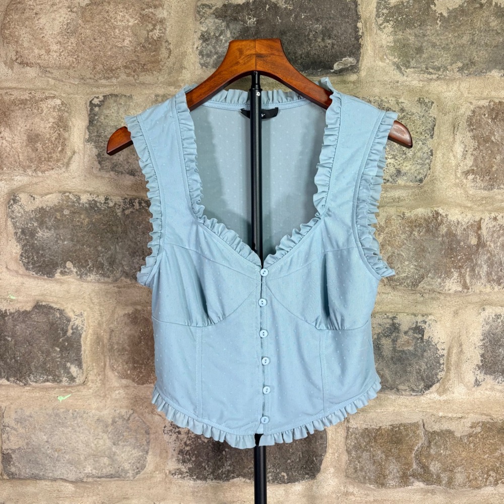 Lulus Light Blue Swiss Dot Ruffle Corset Button Front Sleeveless Top Large Girly